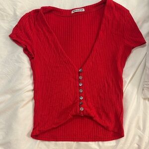 Reformation V-Neck Ribbed Red Button Crop Top